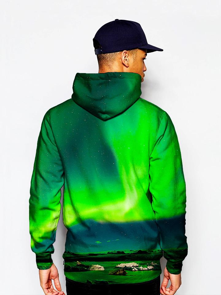 Model In Green Borealis Pullover Hoodie Back View