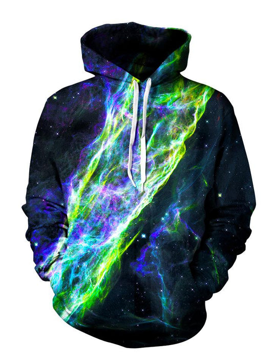 Blue and Green Electric Wave Print Pullover Hoodie With White Strings Front View
