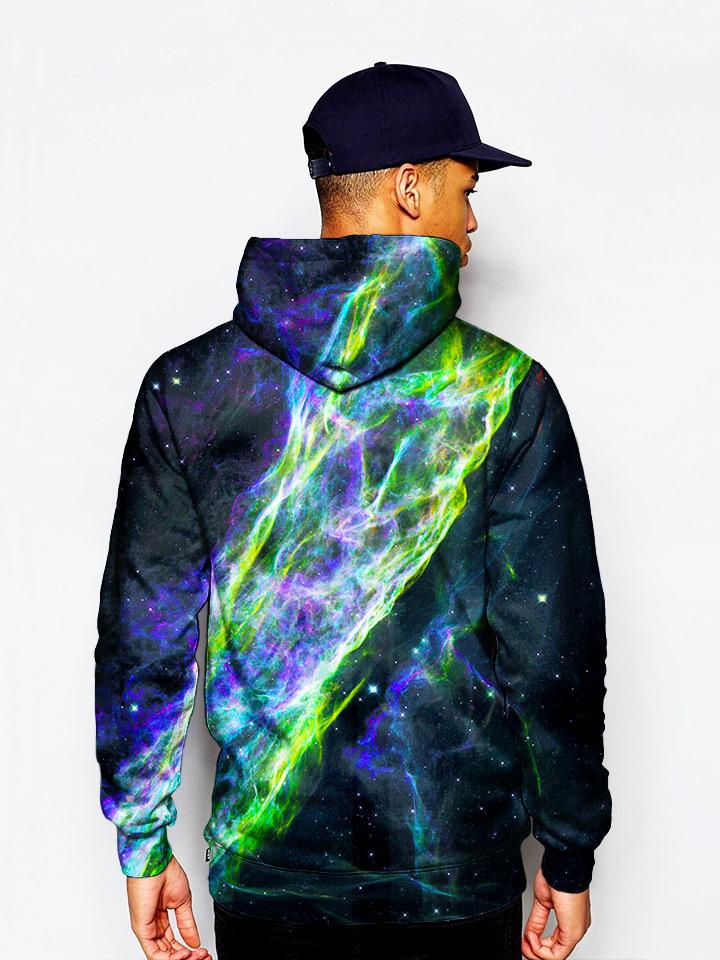 Model In Blue and Green Electric Wave Print Pullover Hoodie Back View