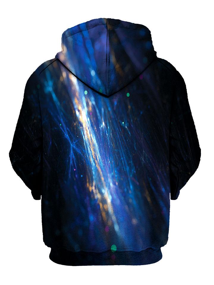 Up close blue fiber on black pullover hoodie back view