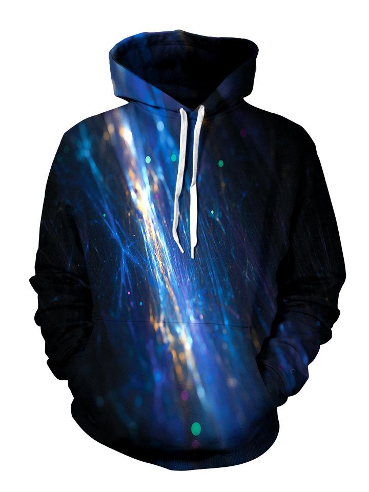 Up close blue fiber on black pullover hoodie with white strings, front view