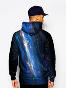 Up close blue fiber on black pullover hoodie back view