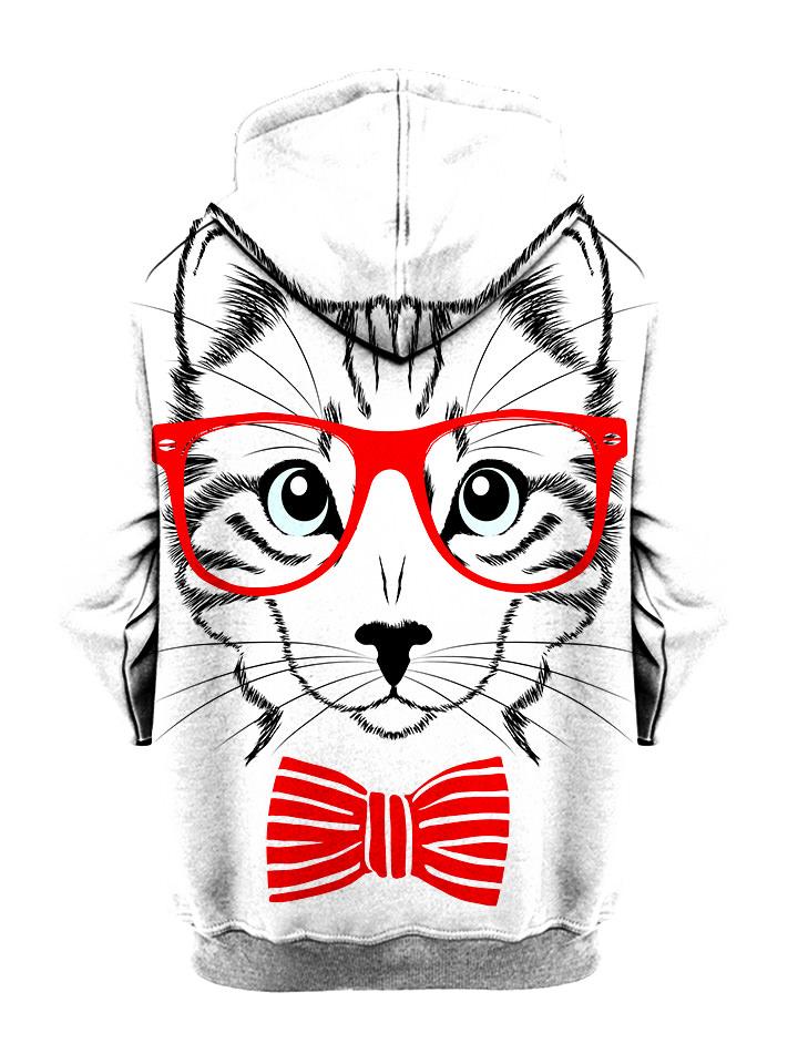 Animated kitty with red glasses and bow tie pullover hoodie back view