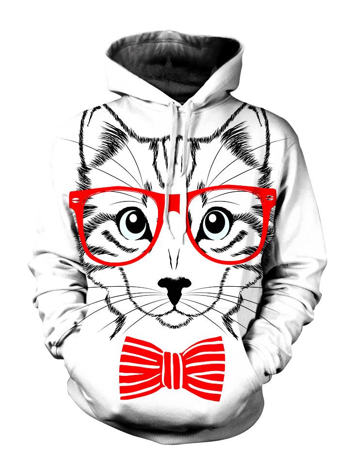Animated kitty with red glasses and bow tie pullover hoodie front view