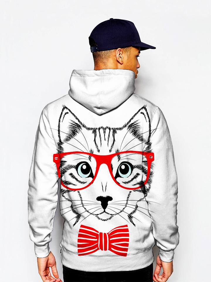 Model in animated kitty with red glasses and bow tie pullover hoodie