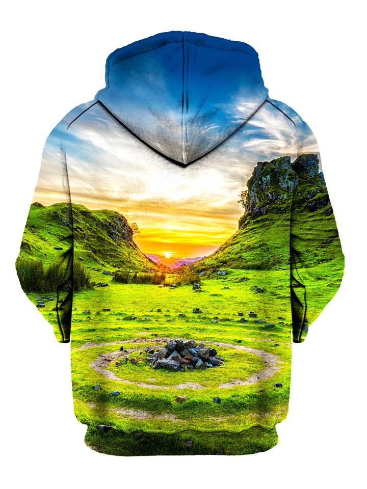 Vivid Sunset Over Green Landscape Pullover Hoodie Back View