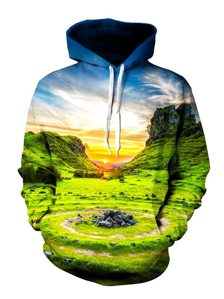 Vivid Sunset Over Green Landscape Pullover Hoodie Front View