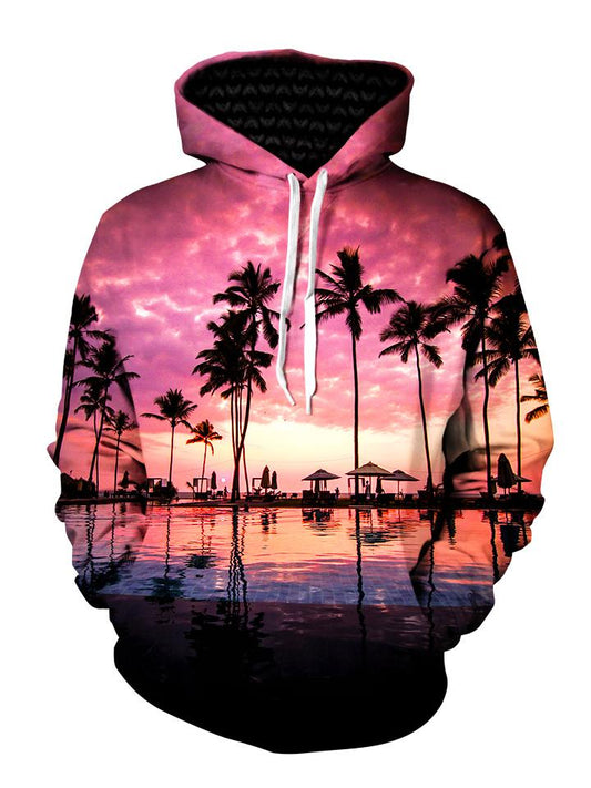 Pink Sun Setting Palm Tree Silhouette Pullover Hoodie Front View