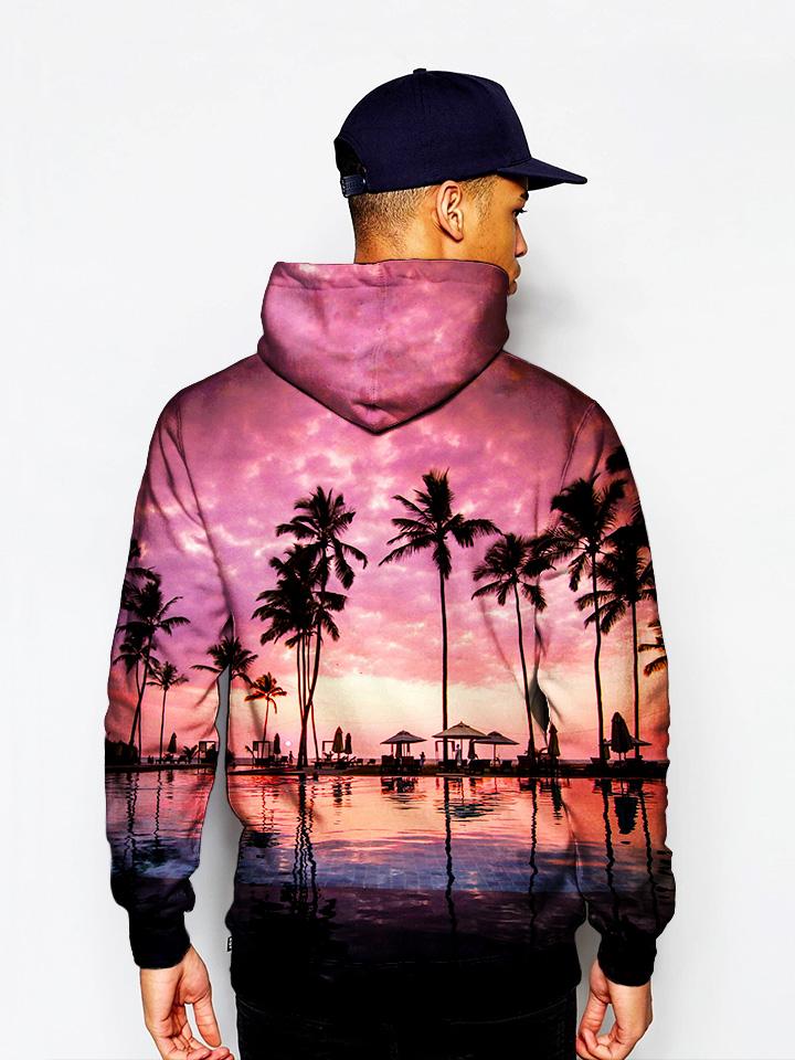 Model In Pink Sun Setting Pullover Hoodie Back View