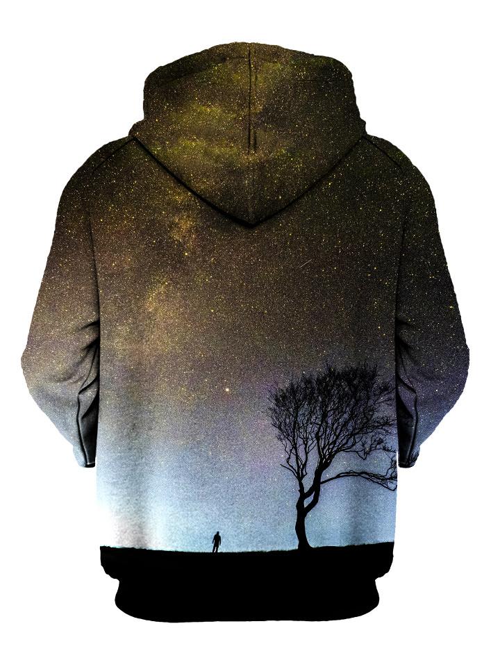Silhouette of man and tree in space all over print pullover hoodie back view