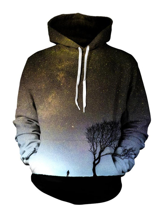Silhouette of man and tree in space all over print pullover hoodie front view