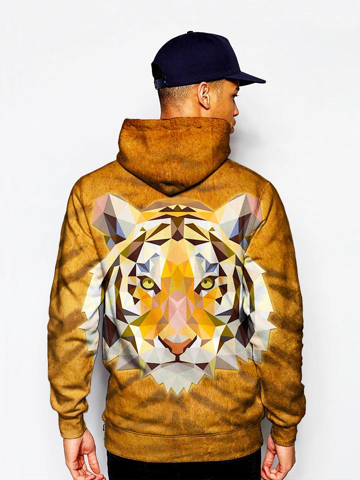 Model In Psychedelic Tiger Face Pullover Hoodie Back View