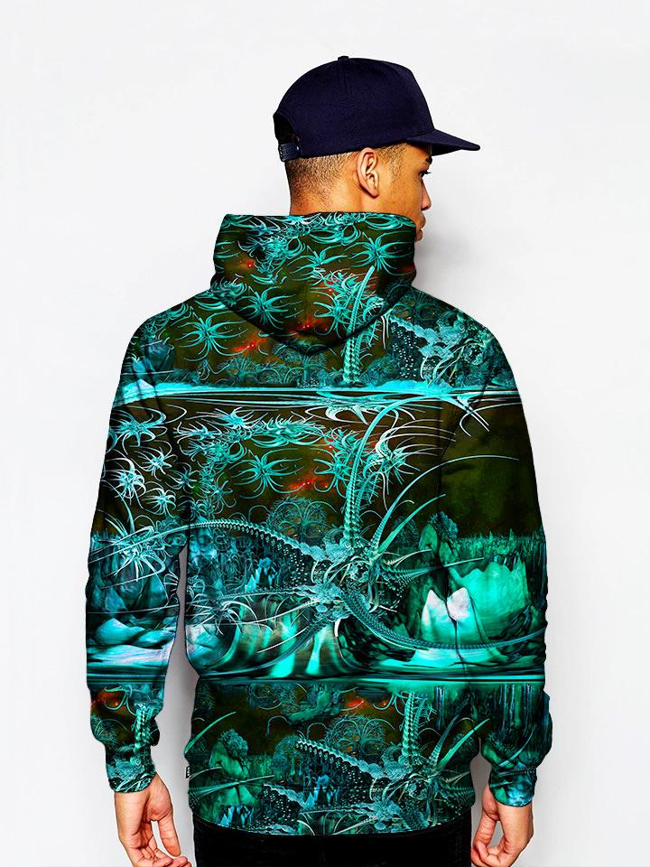 Model In Psychedelic Tropical Green Pullover Hoodie Back View