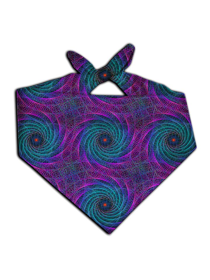 All over print purple, blue & green geometric fractal bandana by GratefullyDyed Apparel tied neck scarf view.