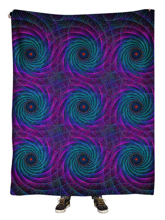 Hanging view of all over print purple & blue geometric spiral fractal blanket by GratefullyDyed Apparel.