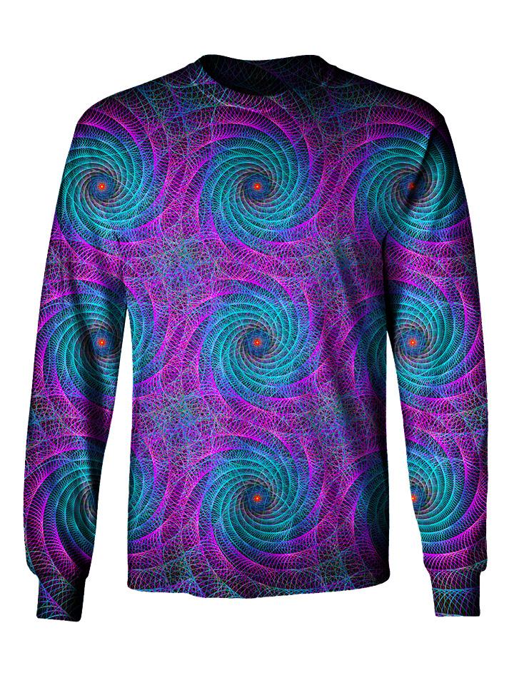 Gratefully Dyed Apparel Purple, blue & green geometric spiral fractal unisex long sleeve front view.