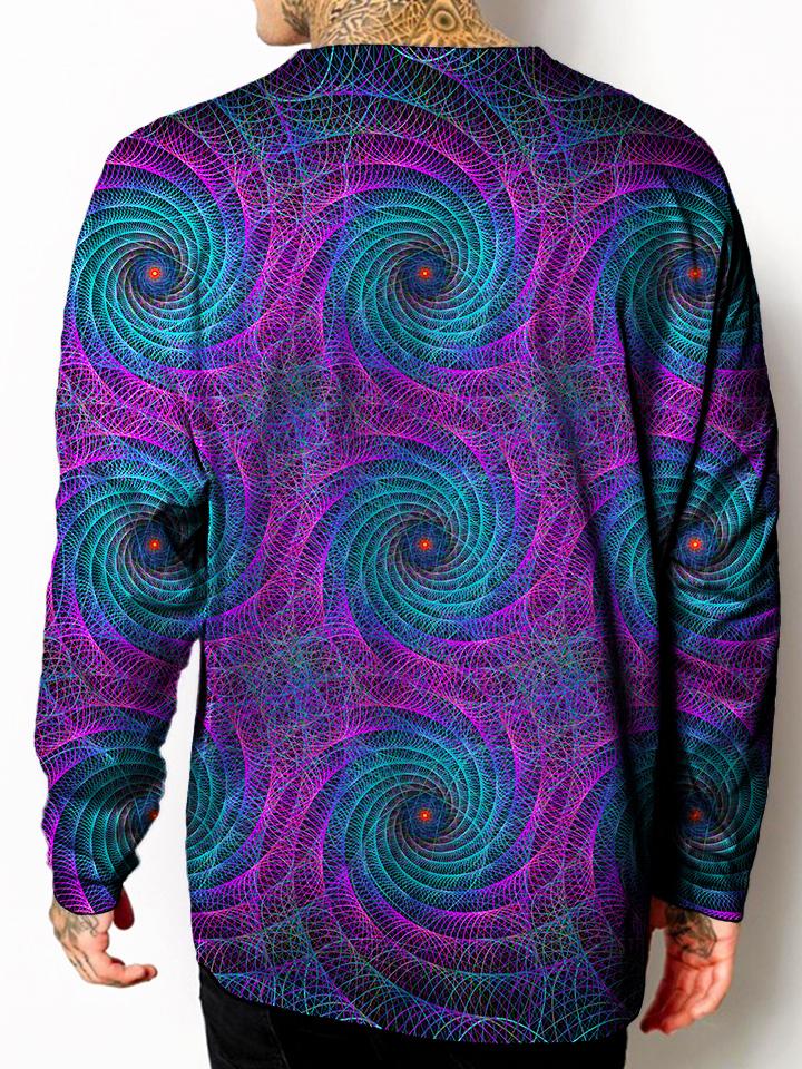 Model back view of all over print psychedelic sacred geometry unisex longsleeve.