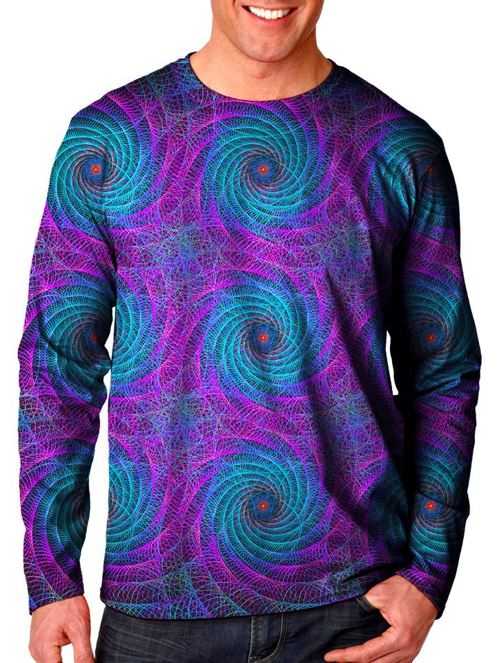 Front view of model wearing Gratefully Dyed Apparel geometric spiral fractal unisex long sleeve.