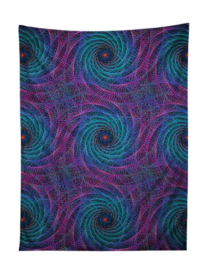 Vertical hanging view of all over print purple & blue geometric fractal tapestry by GratefullyDyed Apparel.