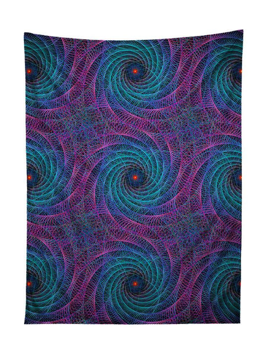 Vertical hanging view of all over print purple & blue geometric fractal tapestry by GratefullyDyed Apparel.