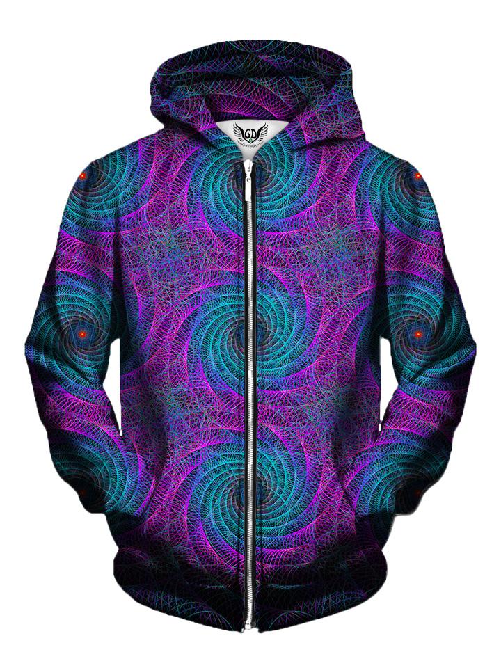 Men's purple & blue geometric spiral fractal zip-up hoodie front view.