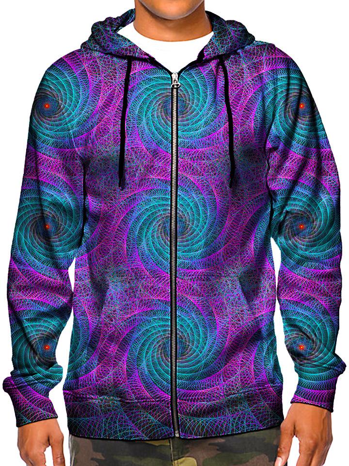 Model wearing GratefullyDyed Apparel psychedelic spiral fractal zip-up hoodie.