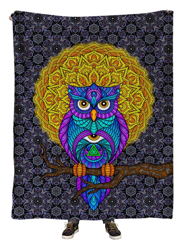 Hanging view of all over print yellow, blue & gray sacred geometry owl blanket by GratefullyDyed Apparel.