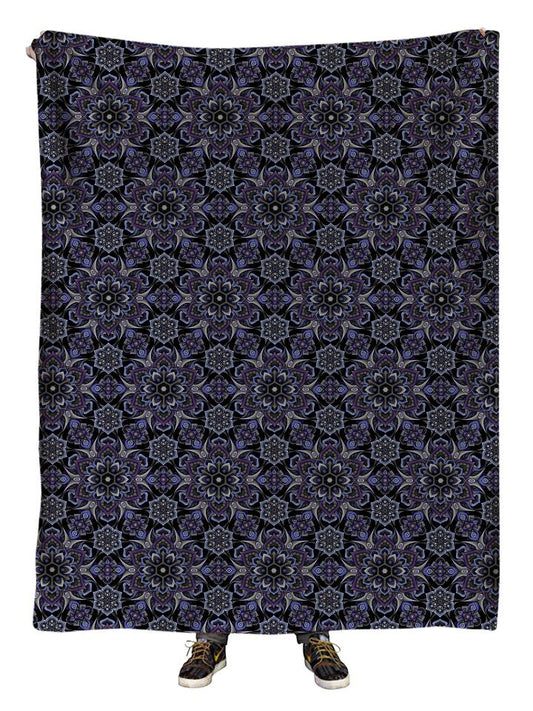 Hanging view of all over print gray & black sacred geometry blanket by GratefullyDyed Apparel.