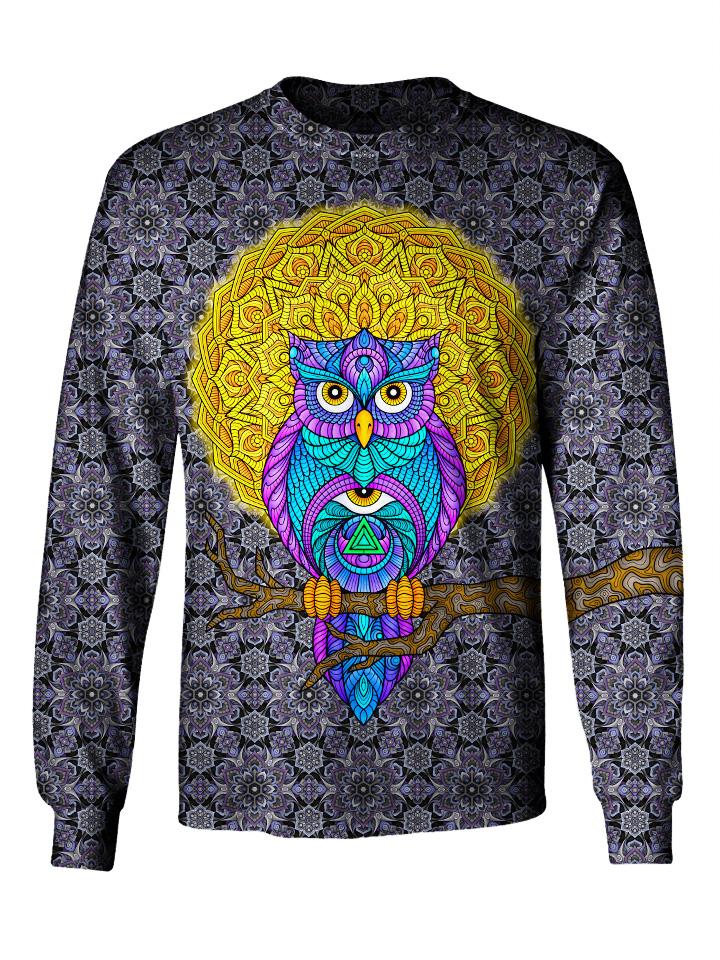 Gratefully Dyed Apparel blue, yellow & gray owl unisex long sleeve front view.
