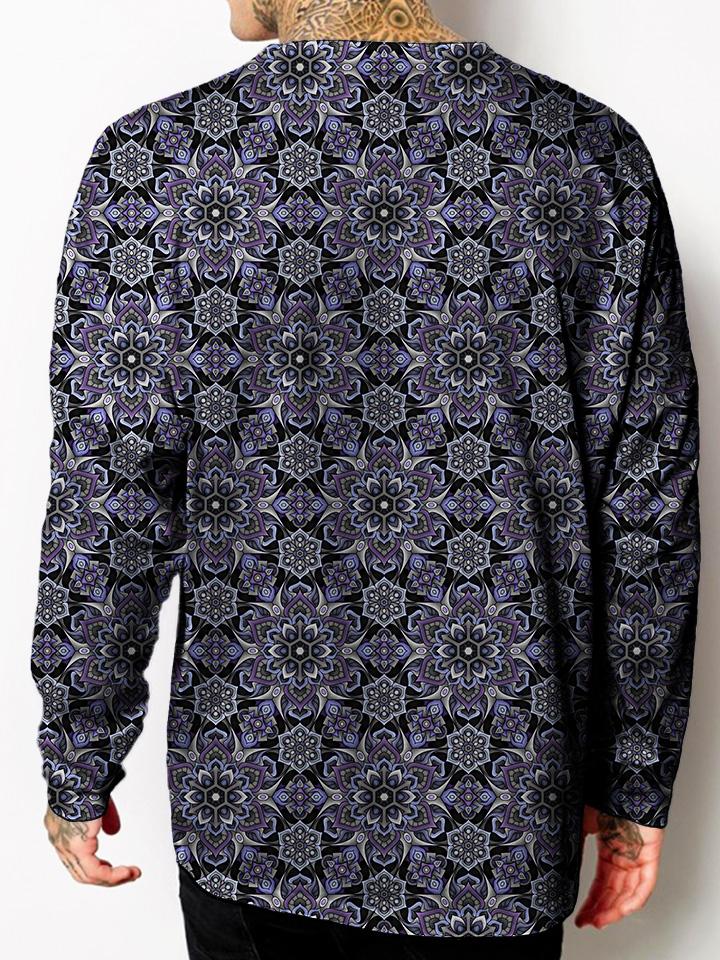 Model back view of all over print psychedelic sacred geometry animal unisex longsleeve.
