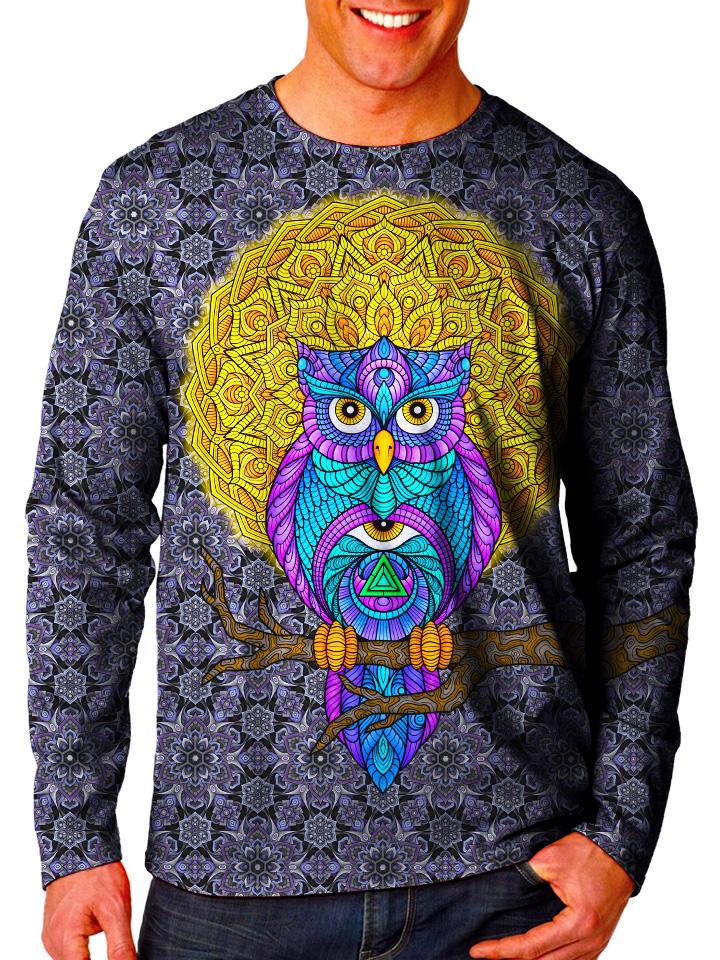 Front view of model wearing Gratefully Dyed Apparel owl unisex long sleeve.