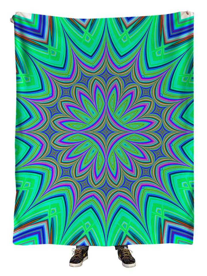 Hanging view of all over print green & purple flower mandala blanket by GratefullyDyed Apparel.