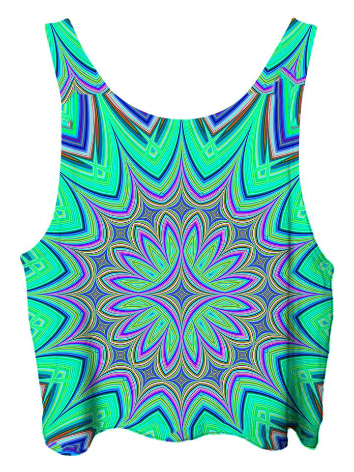 All over print psychedelic sacred geometry cropped top by Gratefully Dyed Apparel back view.