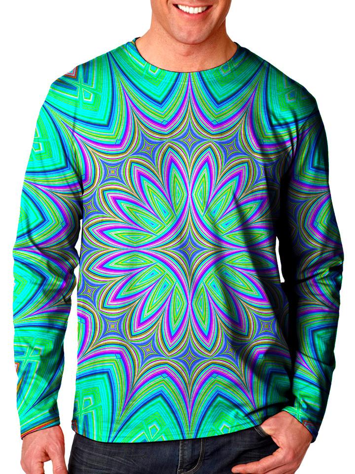 Front view of model wearing Gratefully Dyed Apparel flower mandala unisex long sleeve.