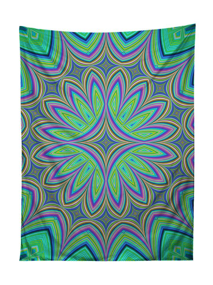 Vertical hanging view of all over print purple & green flower mandala tapestry by GratefullyDyed Apparel.