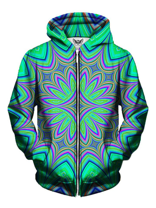 Men's green & purple flower mandala zip-up hoodie front view.