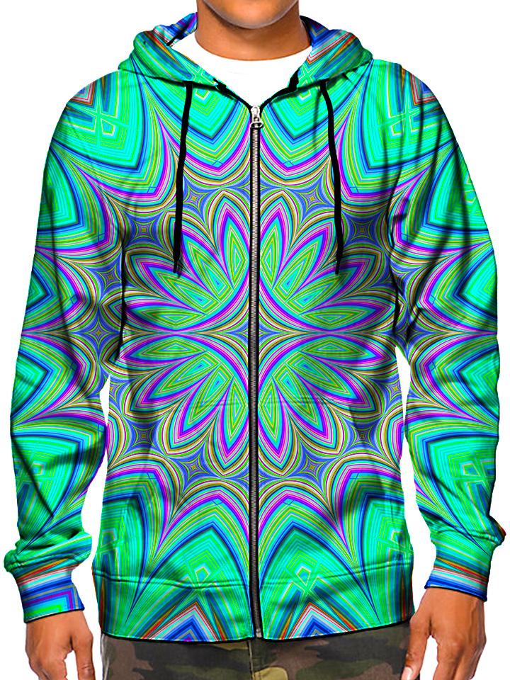 Model wearing GratefullyDyed Apparel psychedelic flower mandala zip-up hoodie.