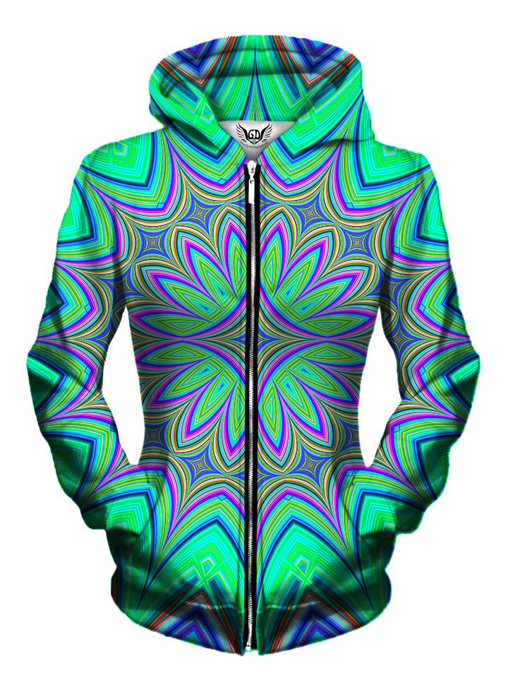 Front view of women's all over print sacred geometry zip up hoody by Gratefully Dyed Apparel.