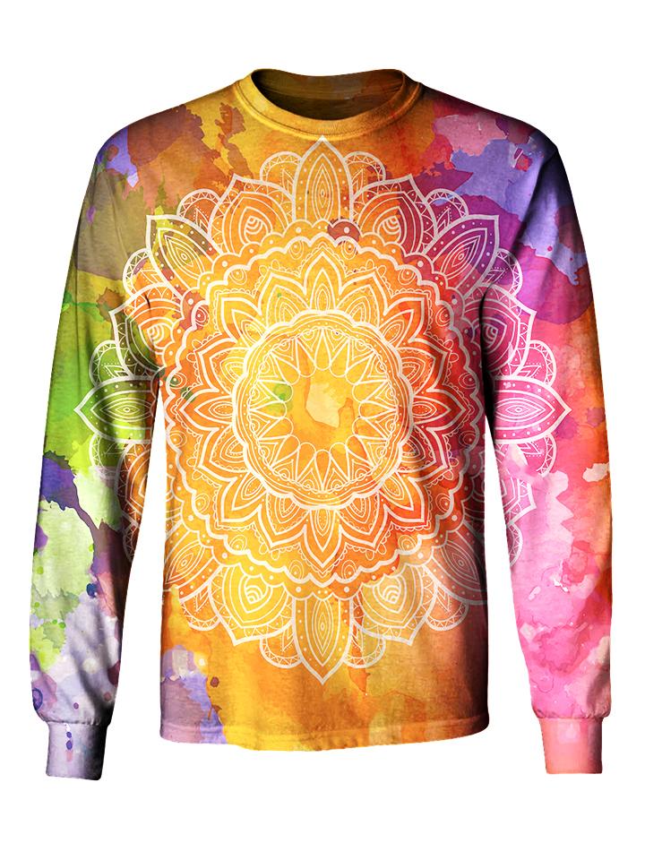 Gratefully Dyed Apparel rainbow watercolor mandala unisex long sleeve front view.