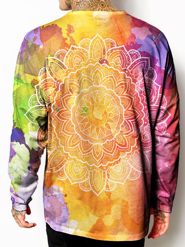 Model back view of all over print psychedelic sacred geometry unisex longsleeve.
