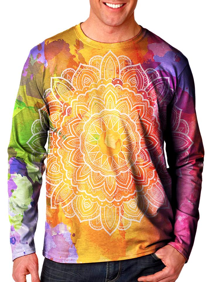 Front view of model wearing Gratefully Dyed Apparel watercolor mandala unisex long sleeve.
