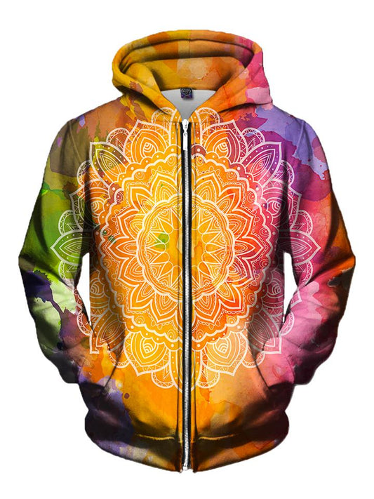 Men's rainbow watercolor with white mandala zip-up hoodie front view.