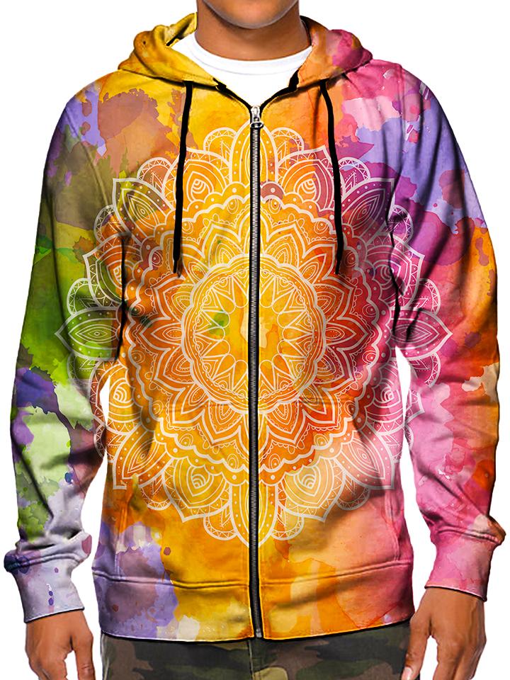 Model wearing GratefullyDyed Apparel psychedelic watercolor mandala zip-up hoodie.
