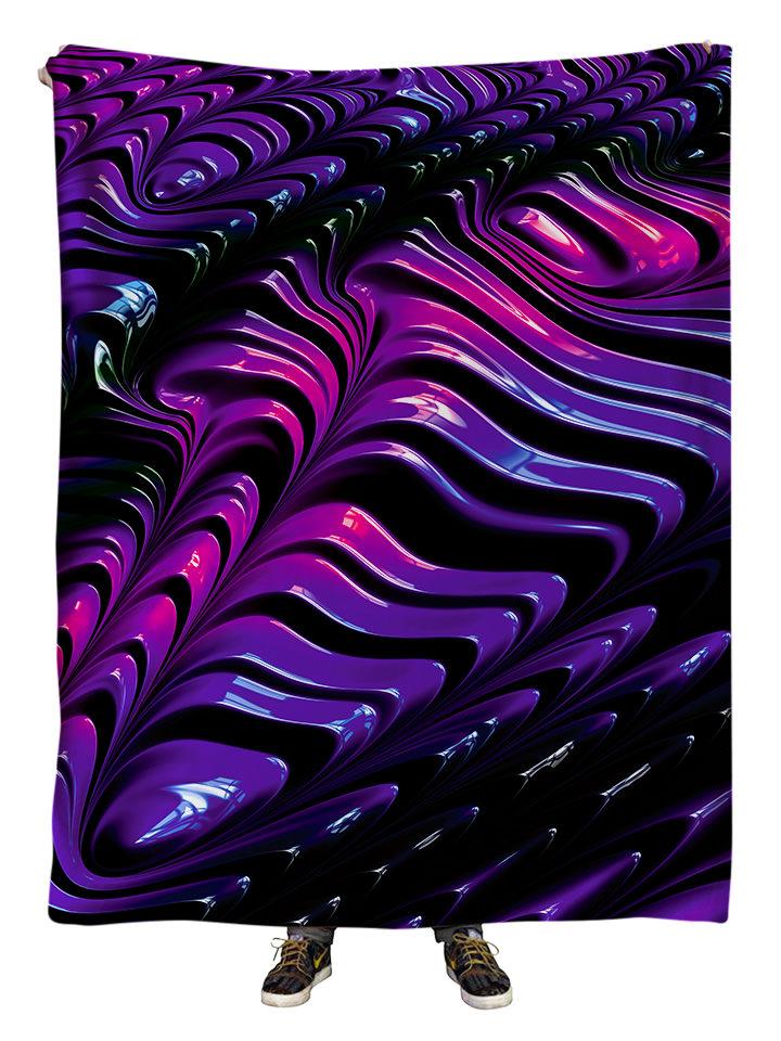 Hanging view of all over print purple, pink & black paint wave blanket by GratefullyDyed Apparel.
