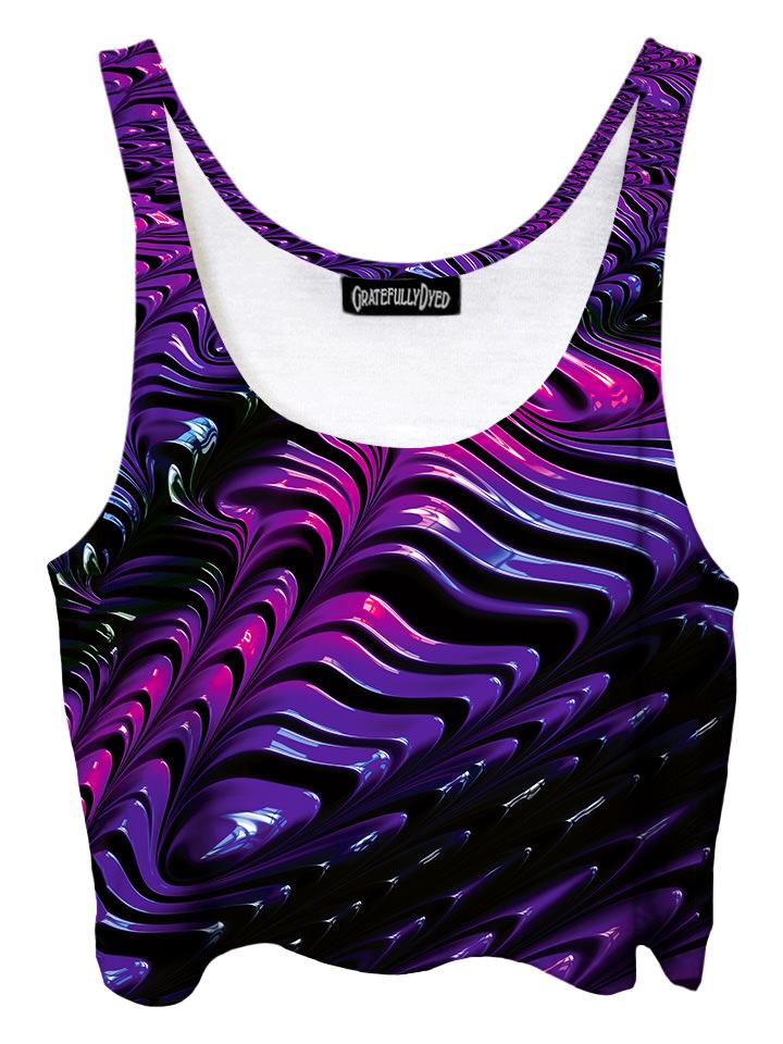 Trippy front view of GratefullyDyed Apparel purple & black paint fractal crop top.