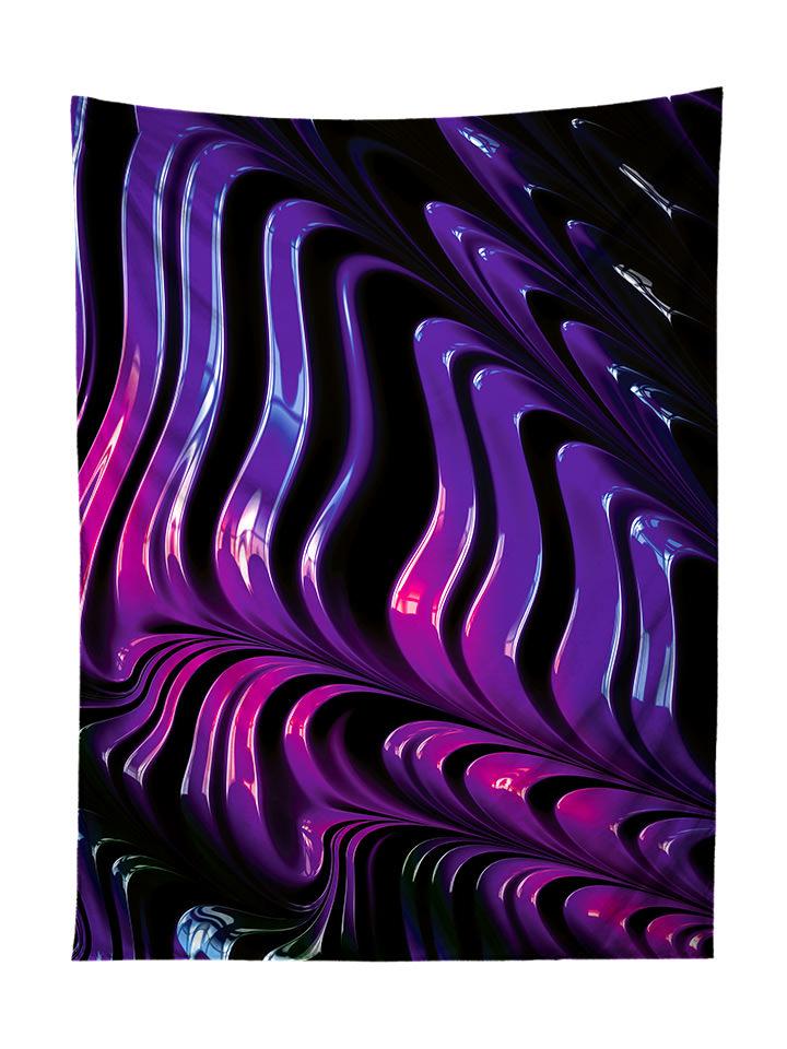 Vertical hanging view of all over print purple & black paint wave tapestry by GratefullyDyed Apparel.