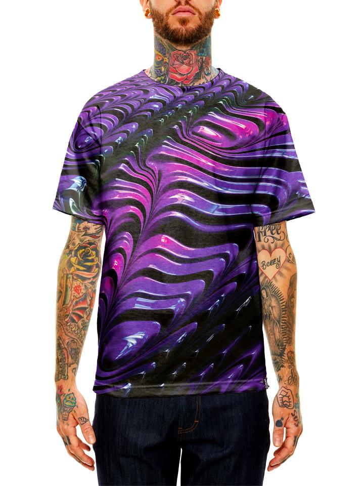 Model wearing GratefullyDyed Apparel purple, pink & black silky paint ribbon unisex t-shirt.