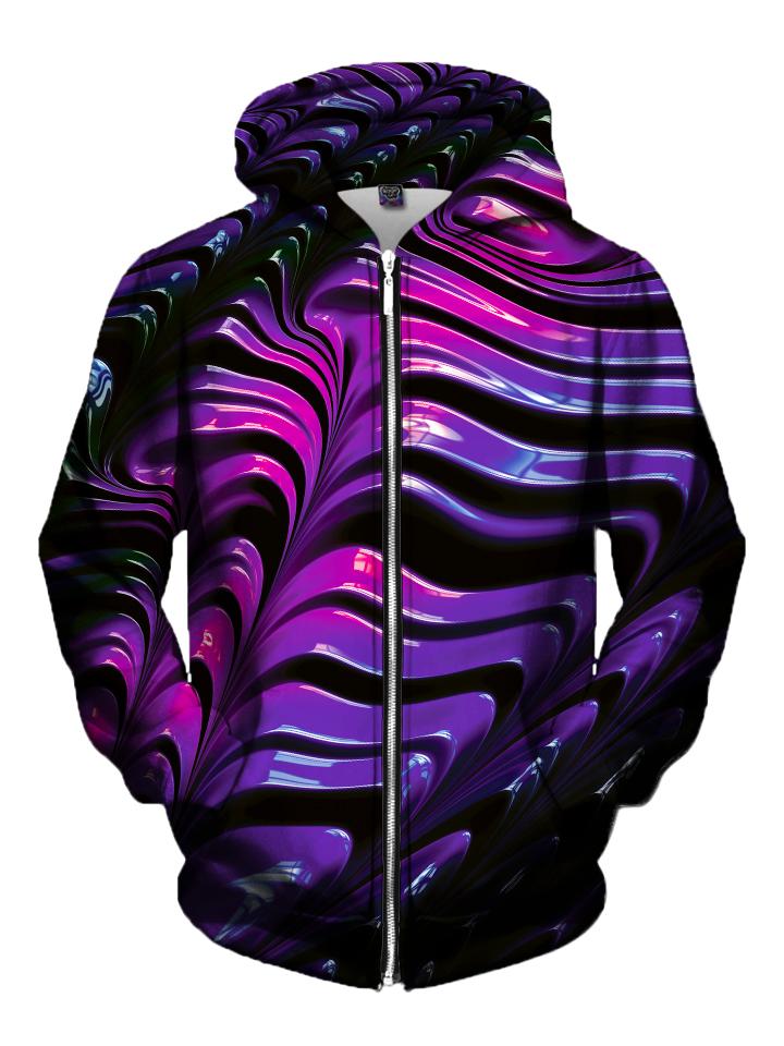 Men's black & purple silky paint texture zip-up hoodie front view.