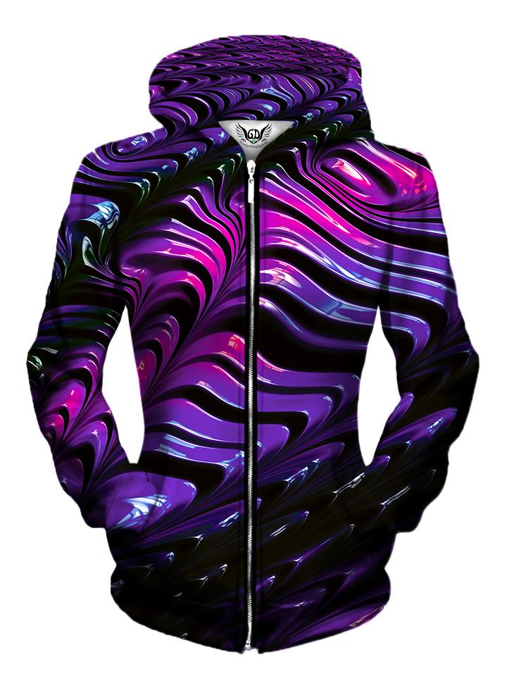 Front view of women's all over print texture zip up hoody by Gratefully Dyed Apparel.