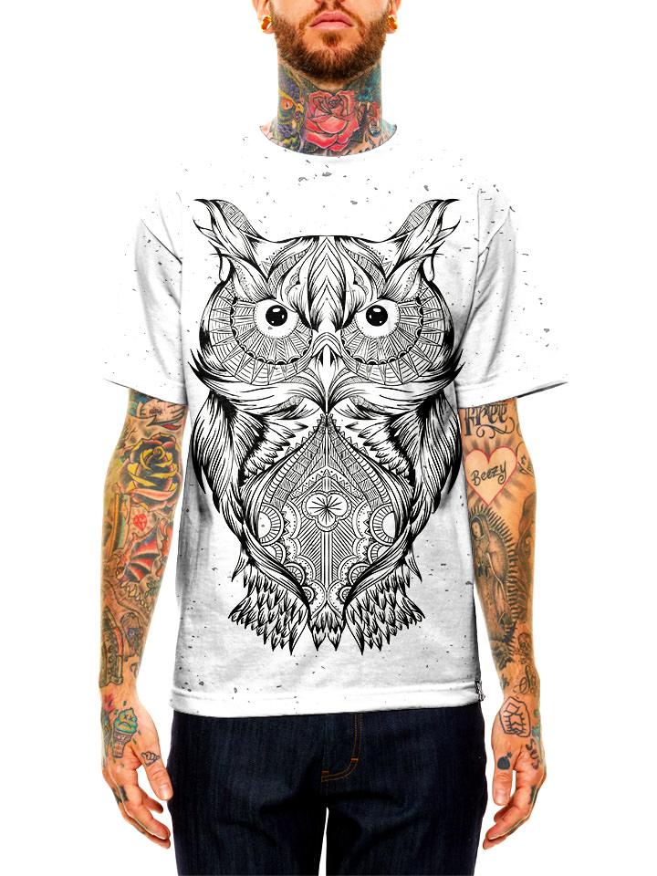 Model wearing GratefullyDyed Apparel black & white owl unisex t-shirt.